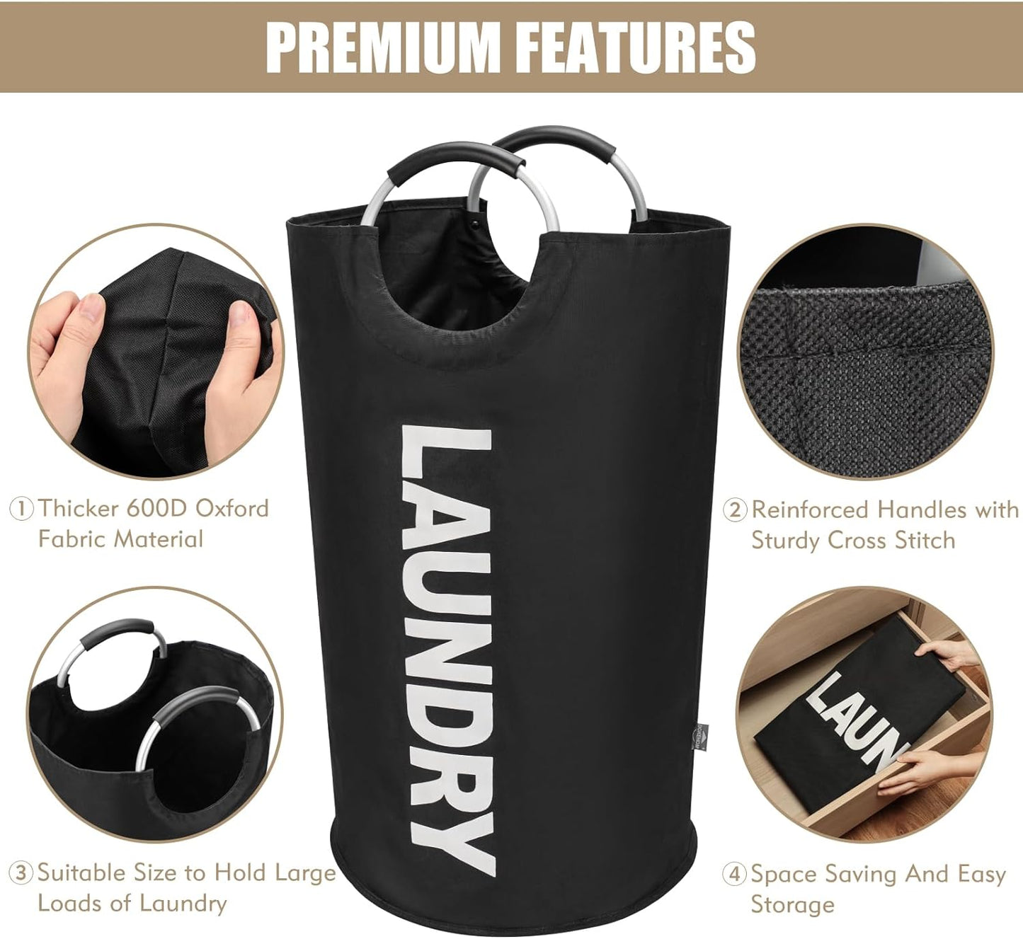 Spacious 90L Collapsible Laundry Basket - Freestanding Tall Hamper & Foldable Washing Bin in Black