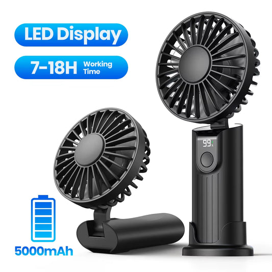 Ultimate 3-in-1 Portable Handheld Fan - 5000mAh USB Rechargeable, Foldable Design with Digital Display for Travel & Desk Use