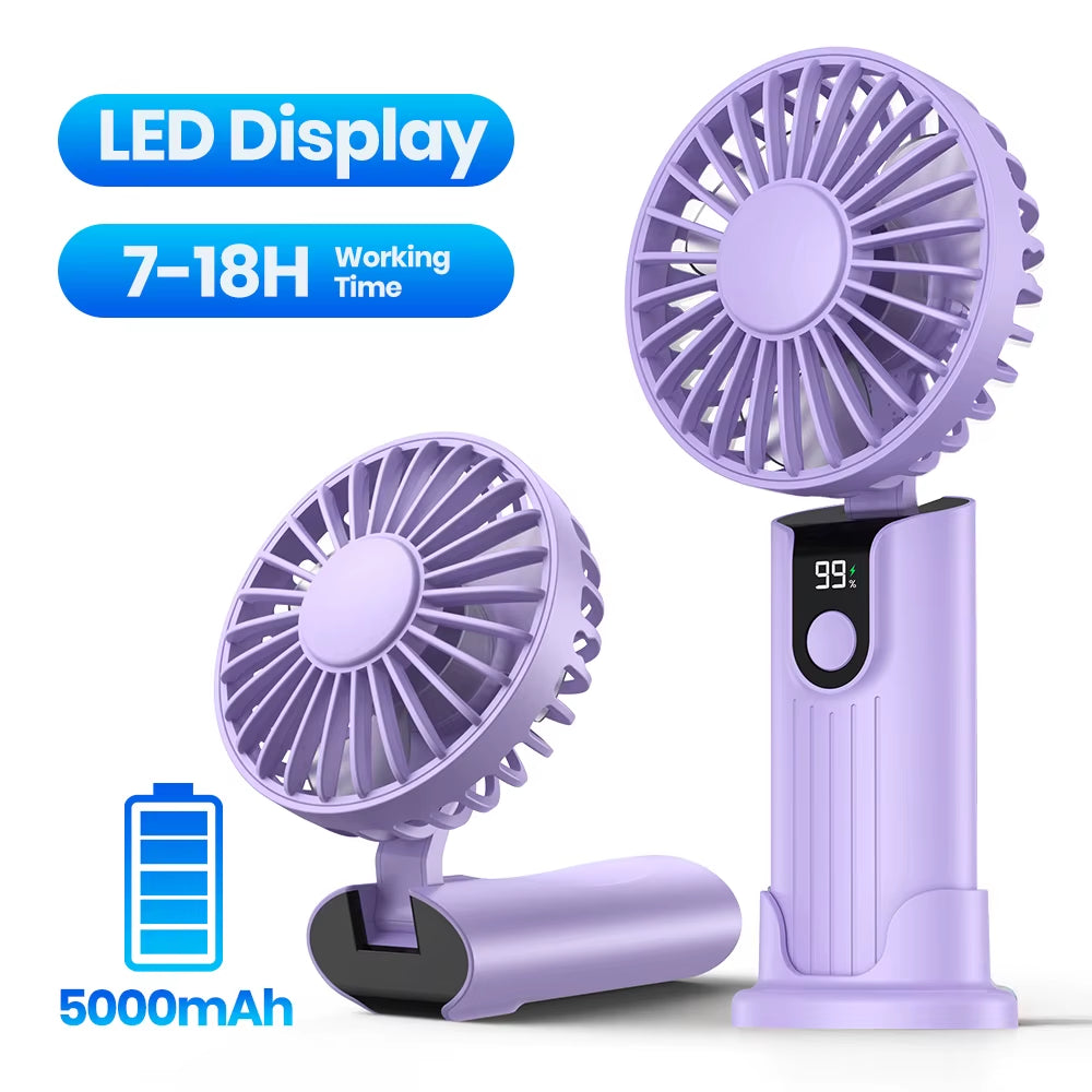 Ultimate 3-in-1 Portable Handheld Fan - 5000mAh USB Rechargeable, Foldable Design with Digital Display for Travel & Desk Use