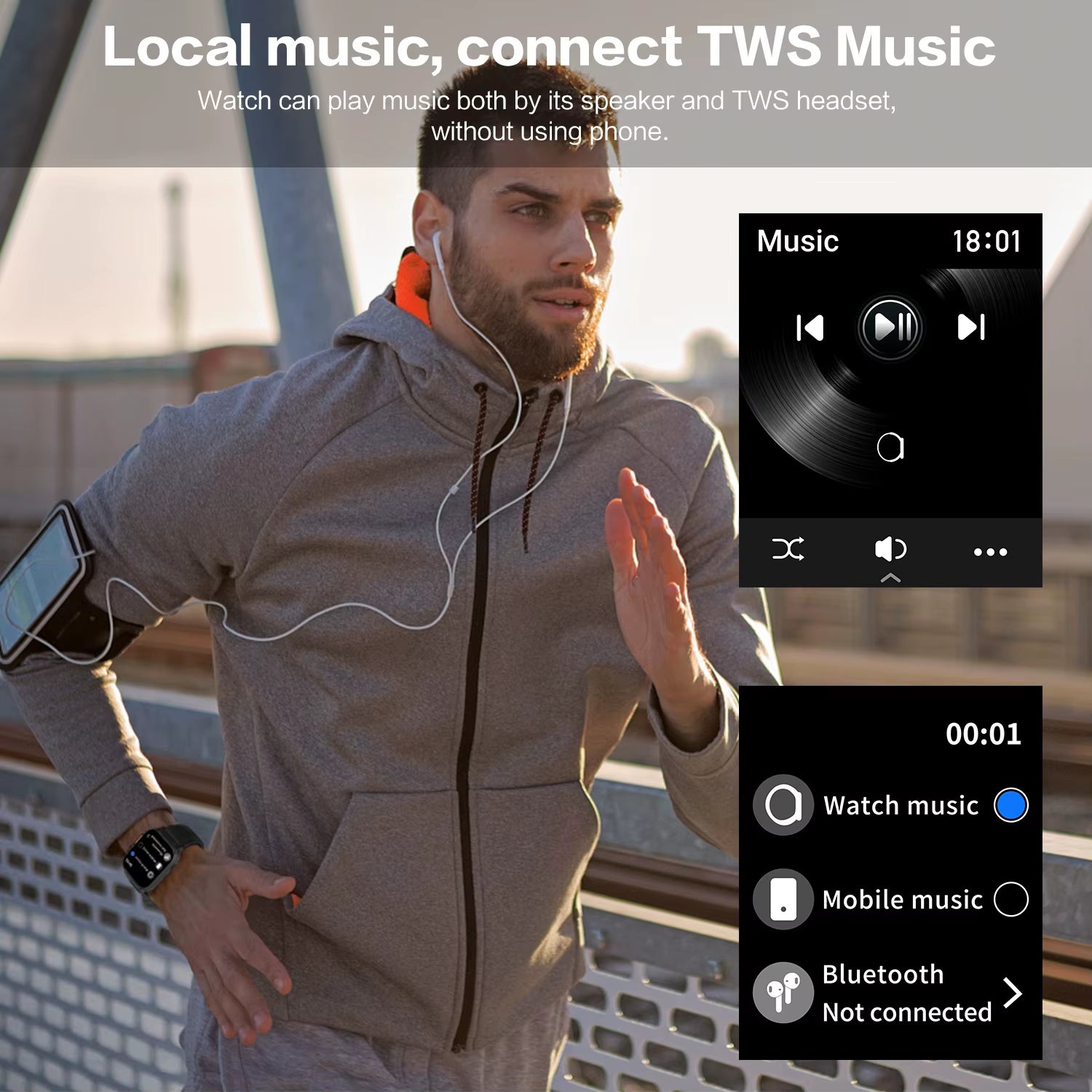 2.0 Inch Smart Music Watch - 600mAh Battery, 128MB Memory, Heart Rate Monitor & Fitness Tracker with TWS Support