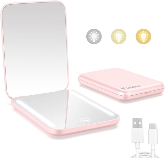 Dimmable LED Rechargeable Pocket Mirror with 1X/3X Magnification - Portable Compact Makeup Mirror in Pink, Perfect Gift for Women