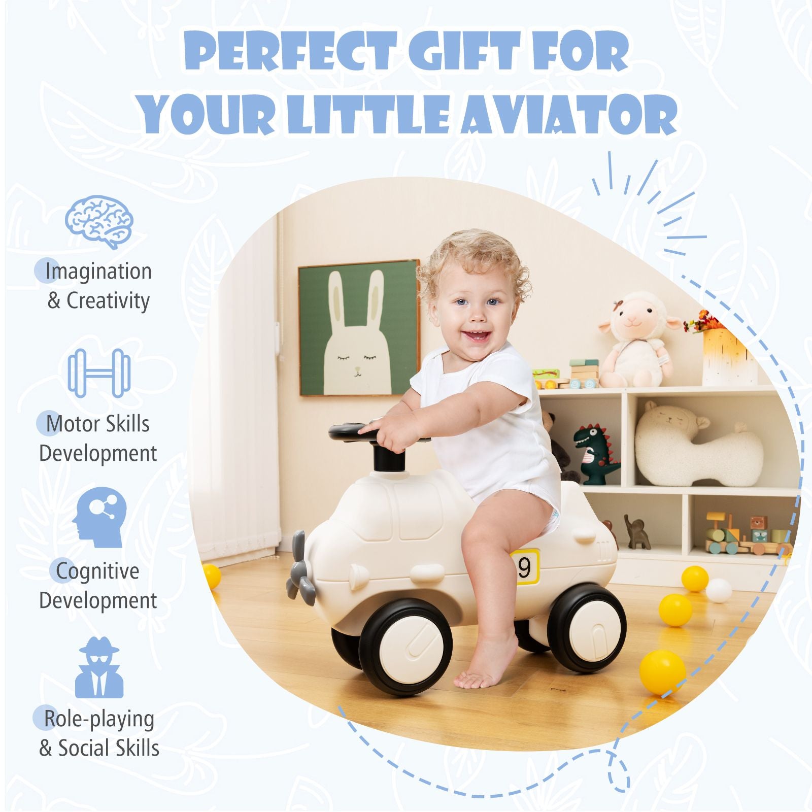 Kids Plane Ride on Toy Car with Cute Propeller and Flexible Steering Wheel