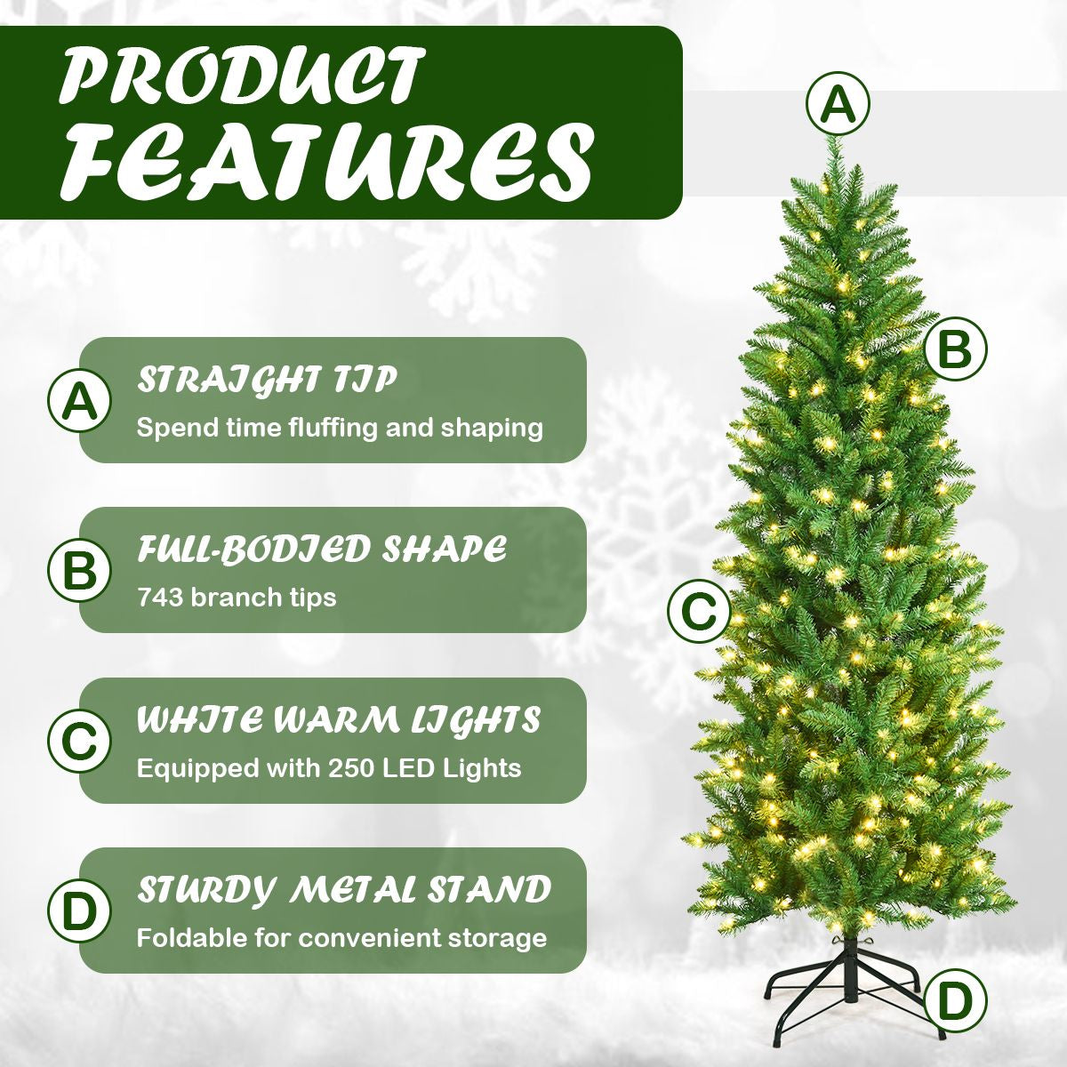 Pre-Lit Artificial Pencil Christmas Tree with Warm White Ul-Listed Lights