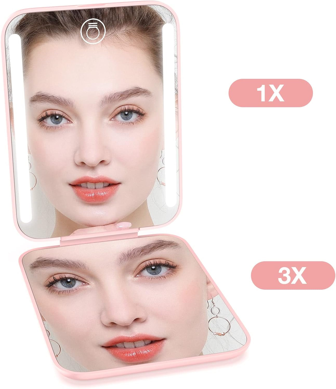 Dimmable LED Rechargeable Pocket Mirror with 1X/3X Magnification - Portable Compact Makeup Mirror in Pink, Perfect Gift for Women