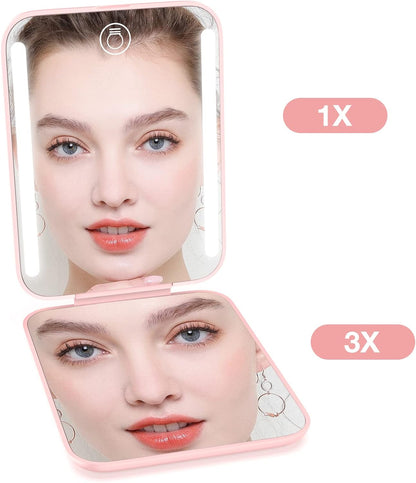 Dimmable LED Rechargeable Pocket Mirror with 1X/3X Magnification - Portable Compact Makeup Mirror in Pink, Perfect Gift for Women