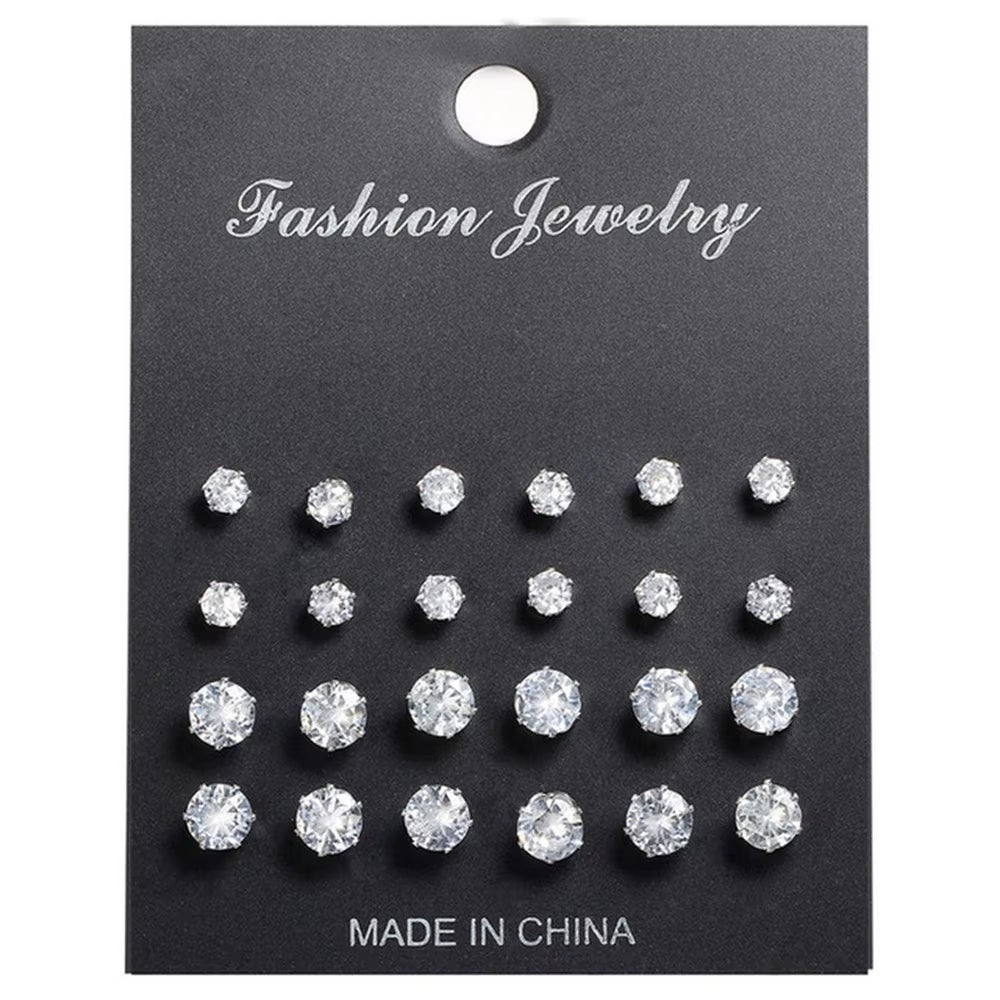 12 Pairs Cubic Zirconia Silver Earring Set round Grand Party Bling UK CZ