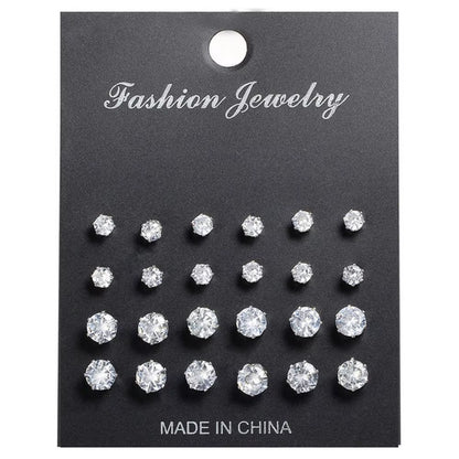 12 Pairs Cubic Zirconia Silver Earring Set round Grand Party Bling UK CZ