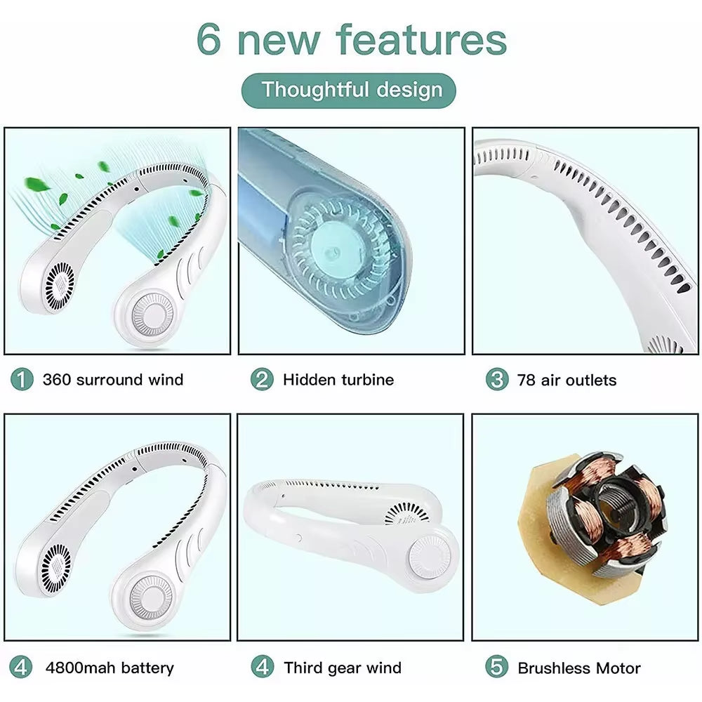 Portable 4000mAh Rechargeable USB Neck Fan - Leafless Neckband Cooler for Ultimate Comfort