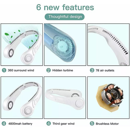 Portable 4000mAh Rechargeable USB Neck Fan - Leafless Neckband Cooler for Ultimate Comfort