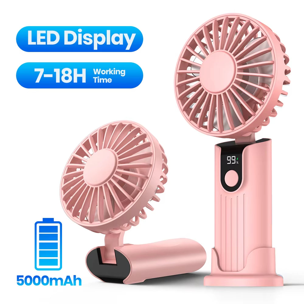 Ultimate 3-in-1 Portable Handheld Fan - 5000mAh USB Rechargeable, Foldable Design with Digital Display for Travel & Desk Use