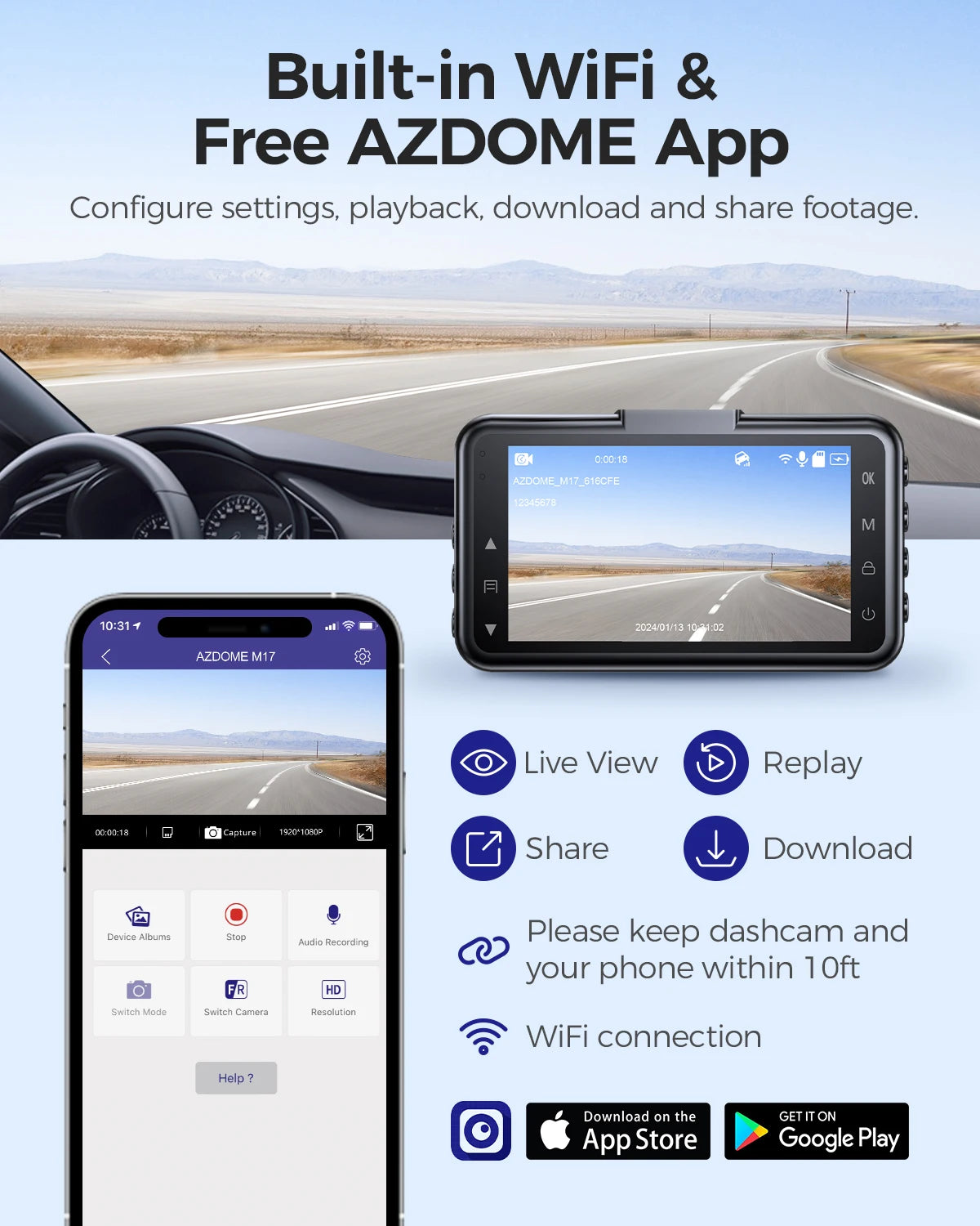 M17 1080P Dash Cam with ADAS, GPS, Night Vision & 24H Parking Monitor - WiFi App & 150°FOV