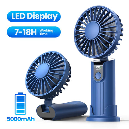 Ultimate 3-in-1 Portable Handheld Fan - 5000mAh USB Rechargeable, Foldable Design with Digital Display for Travel & Desk Use