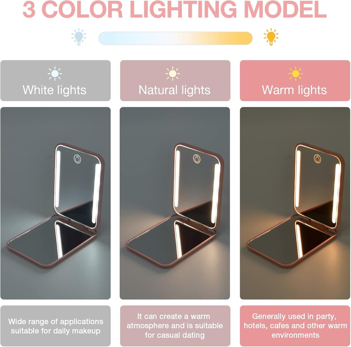 Dimmable LED Rechargeable Pocket Mirror with 1X/3X Magnification - Portable Compact Makeup Mirror in Pink, Perfect Gift for Women