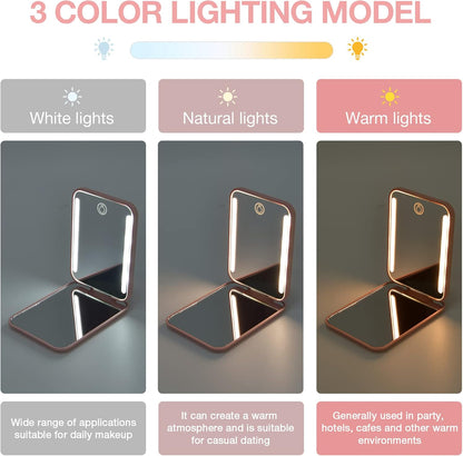Dimmable LED Rechargeable Pocket Mirror with 1X/3X Magnification - Portable Compact Makeup Mirror in Pink, Perfect Gift for Women