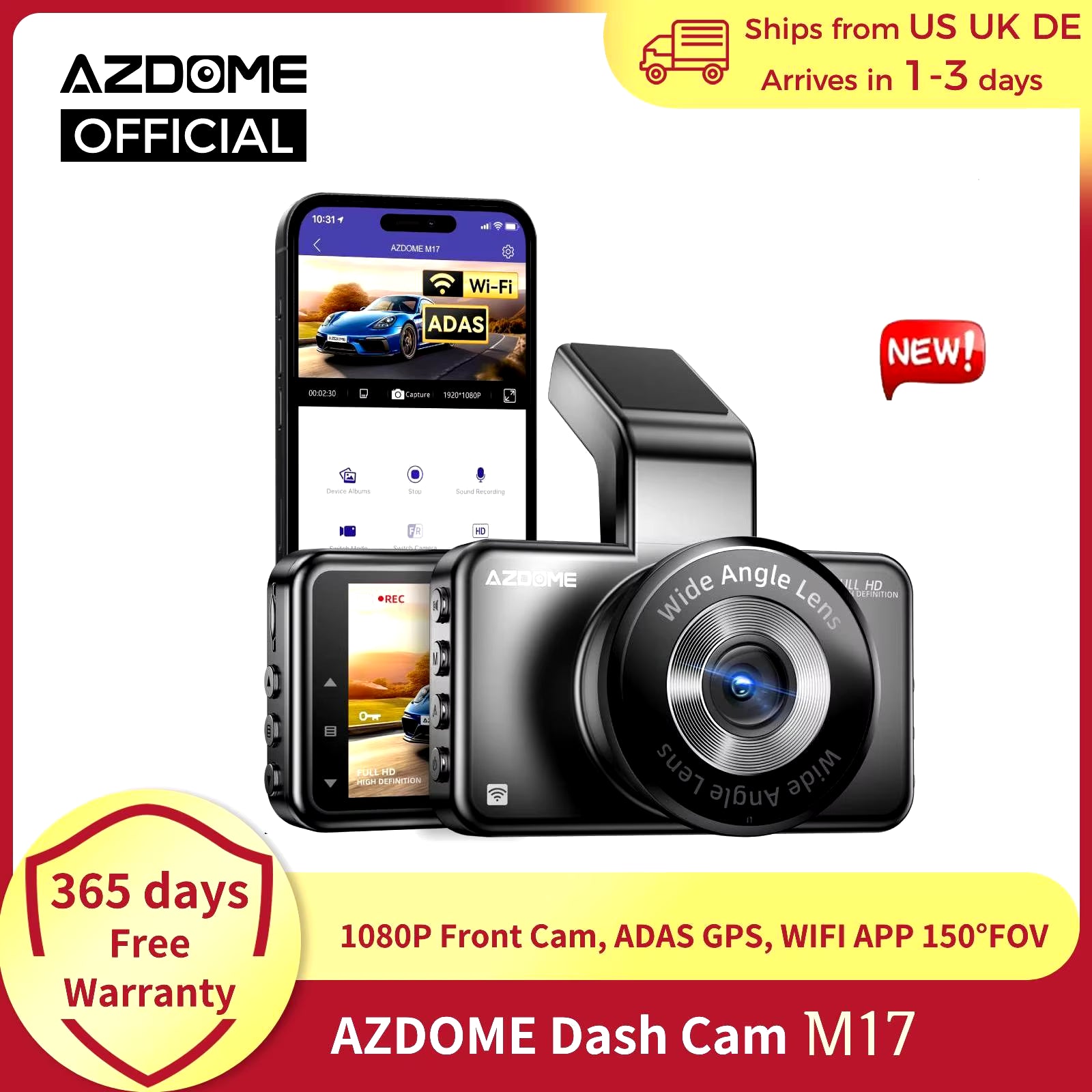 M17 1080P Dash Cam with ADAS, GPS, Night Vision & 24H Parking Monitor - WiFi App & 150°FOV