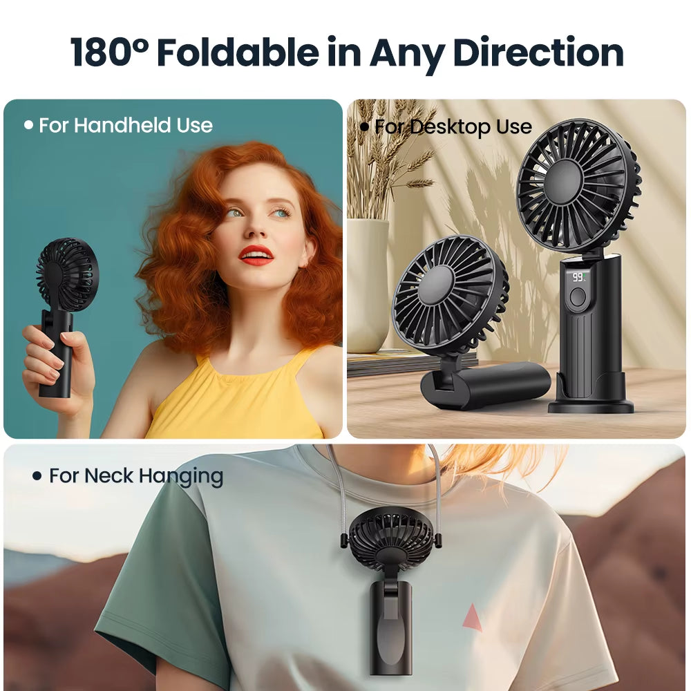 Ultimate 3-in-1 Portable Handheld Fan - 5000mAh USB Rechargeable, Foldable Design with Digital Display for Travel & Desk Use