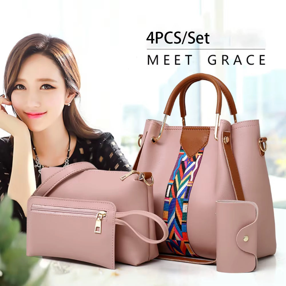 Chic 4-Piece Women's Handbag Set - Stylish Tote, Crossbody, and Wallet in Soft PU Leather