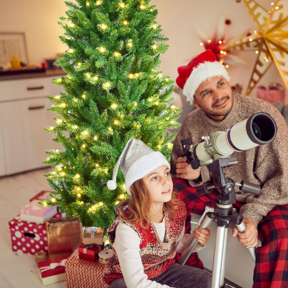 Pre-Lit Artificial Pencil Christmas Tree with Warm White Ul-Listed Lights