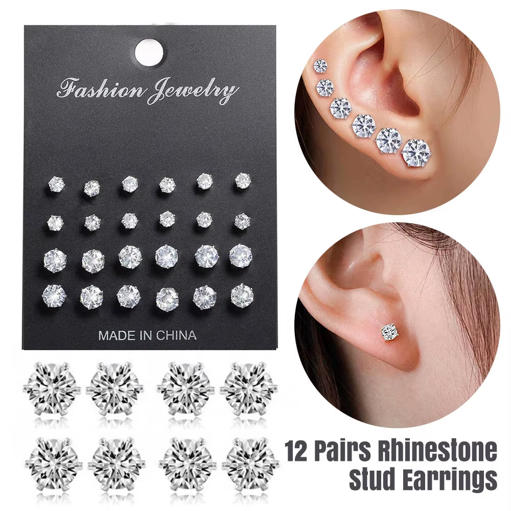 12 Pairs Cubic Zirconia Silver Earring Set round Grand Party Bling UK CZ