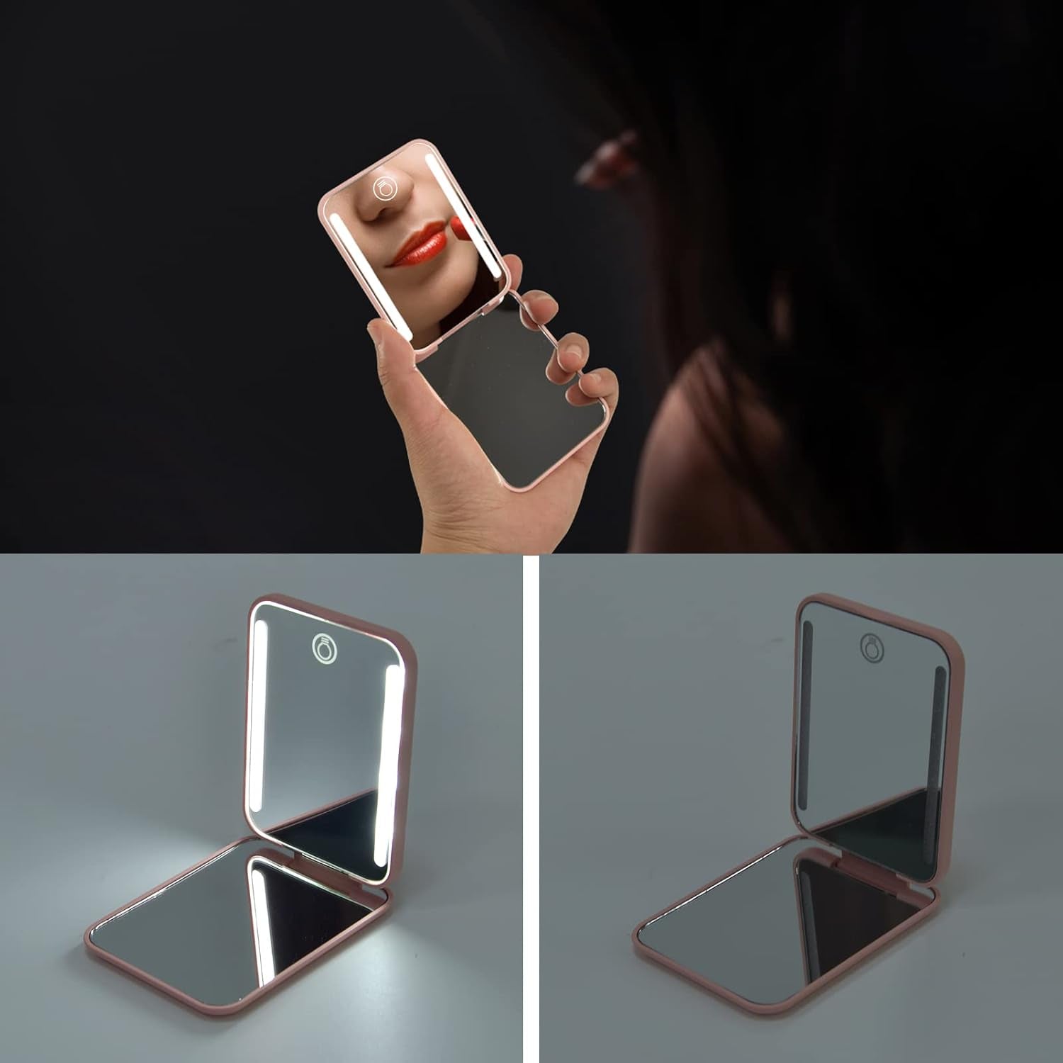 Dimmable LED Rechargeable Pocket Mirror with 1X/3X Magnification - Portable Compact Makeup Mirror in Pink, Perfect Gift for Women