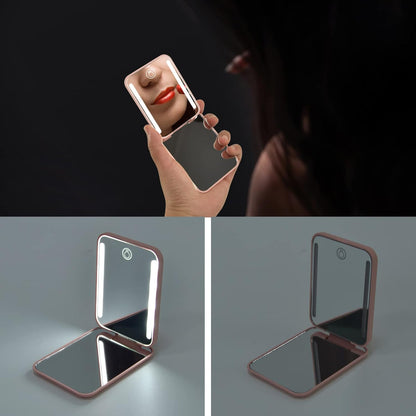Dimmable LED Rechargeable Pocket Mirror with 1X/3X Magnification - Portable Compact Makeup Mirror in Pink, Perfect Gift for Women