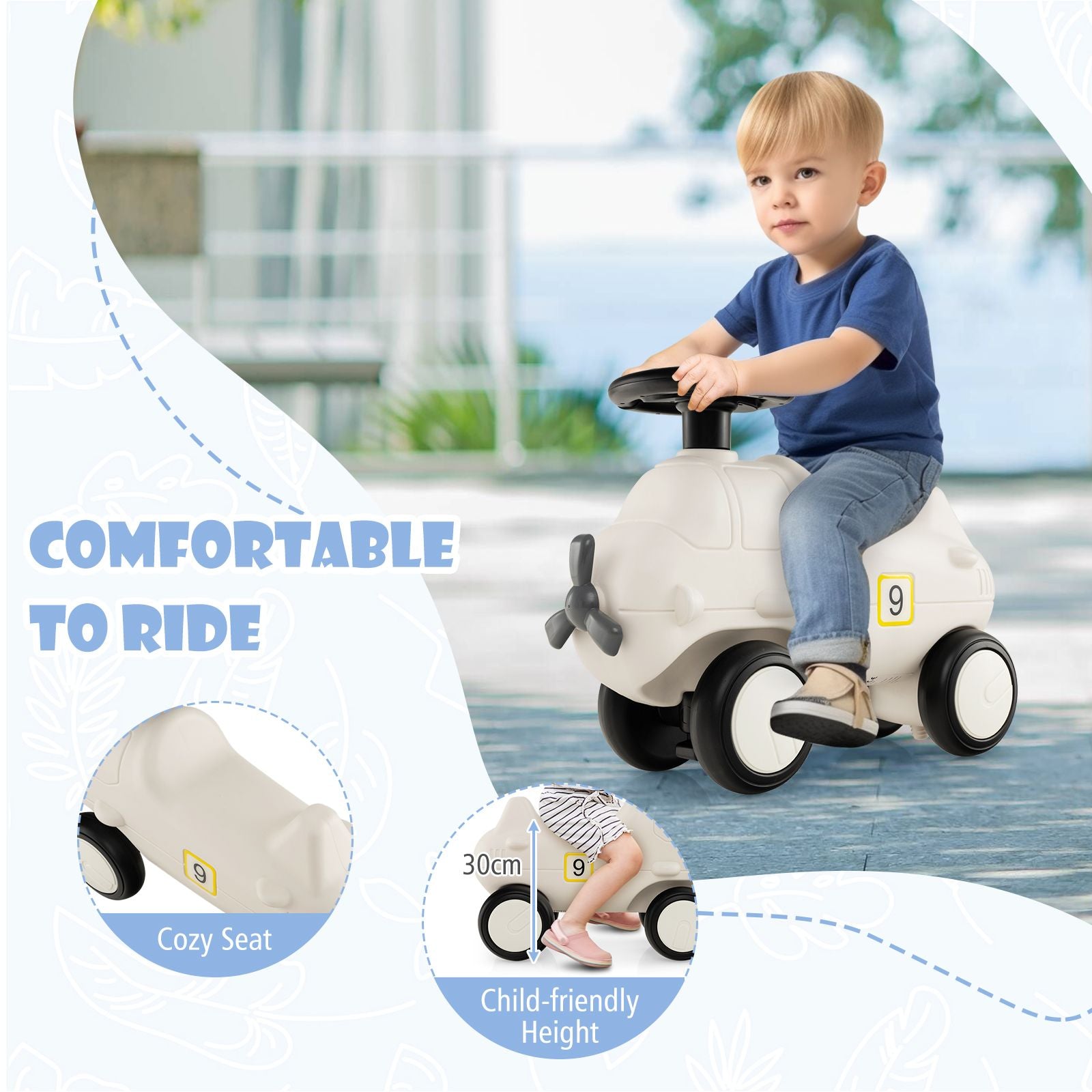 Kids Plane Ride on Toy Car with Cute Propeller and Flexible Steering Wheel