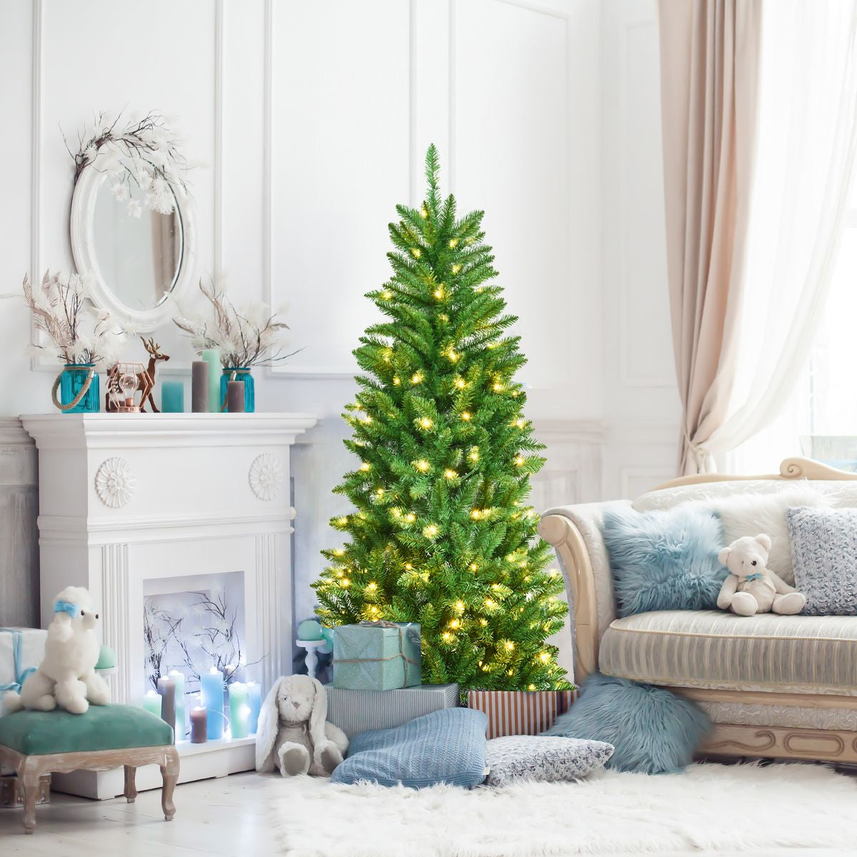 Pre-Lit Artificial Pencil Christmas Tree with Warm White Ul-Listed Lights